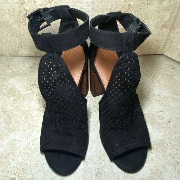 Womens Black Open-Toe Block Heel Sandals With Ankle Straps & Buckle Closure Sz 8 - Picture 2 of 8